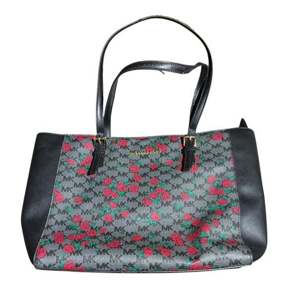 Michael Kors Tote Bag Black Rose Floral MK Monogram Satchel Handbag Purse - Picture 2 of 12